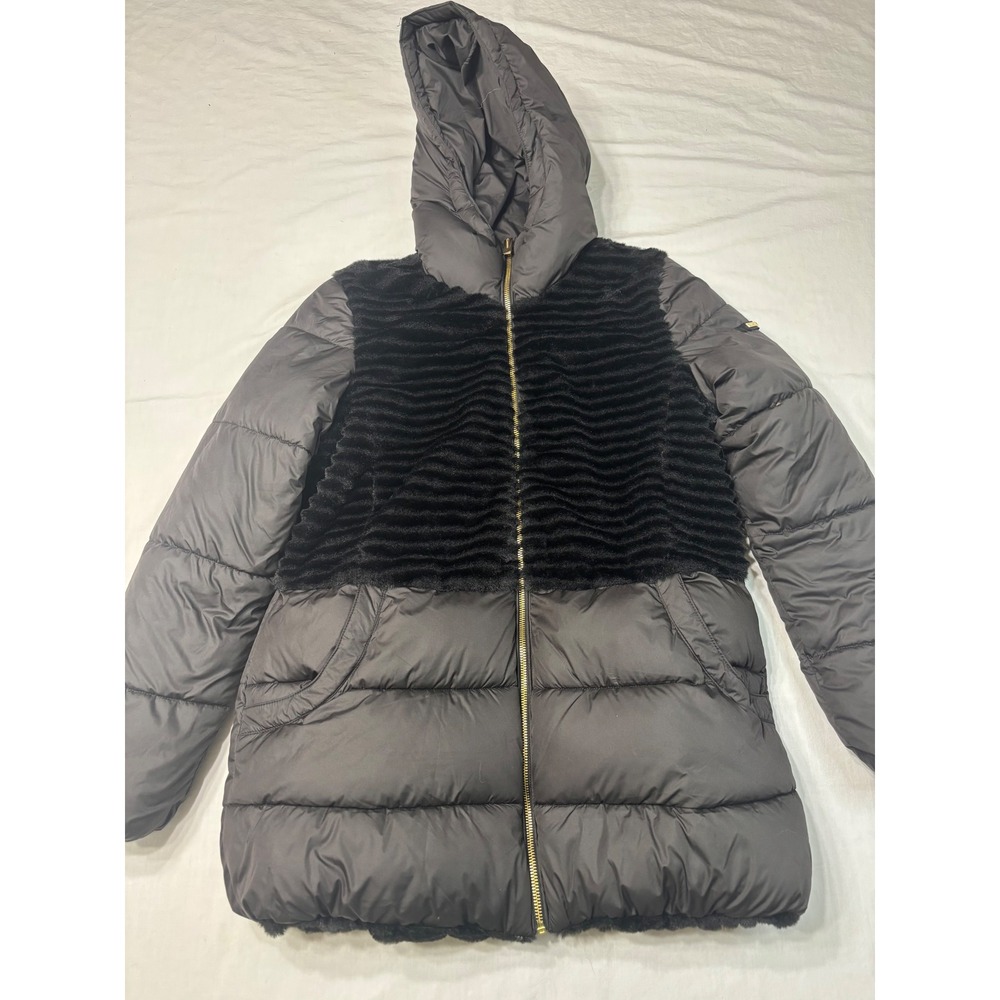 Via Spiga Womens Black Mixed Media Faux Fur Puffer Jacket Hooded Coat Small